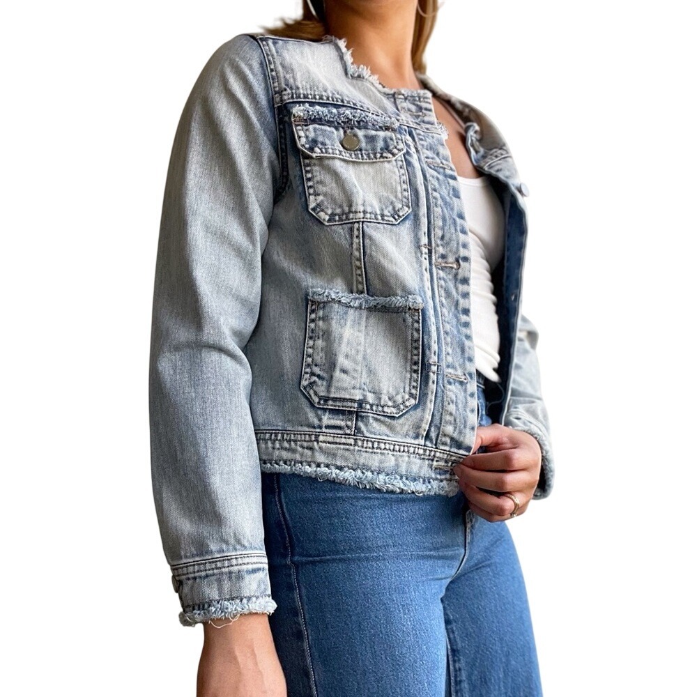 Wit & Wisdom Boho UrbanStreetwear Raw Hem Acid Wash Denim Jacket - Picture 3 of 13